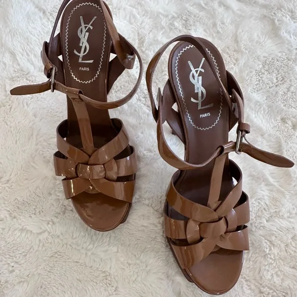 Saint Laurent Tribute Platform Sandals Dark Tan Beige Patent Authentic 38.5 - Picture 8 of 16